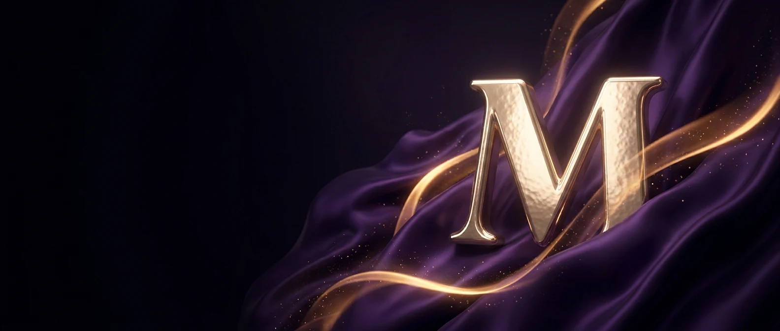 Sculpted champagne-gold monogram on deep violet silk — Marilou Bagon's signature artwork